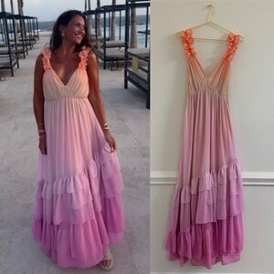 BHLDN Pink Peach Ombre Ruffled Maxi Dress